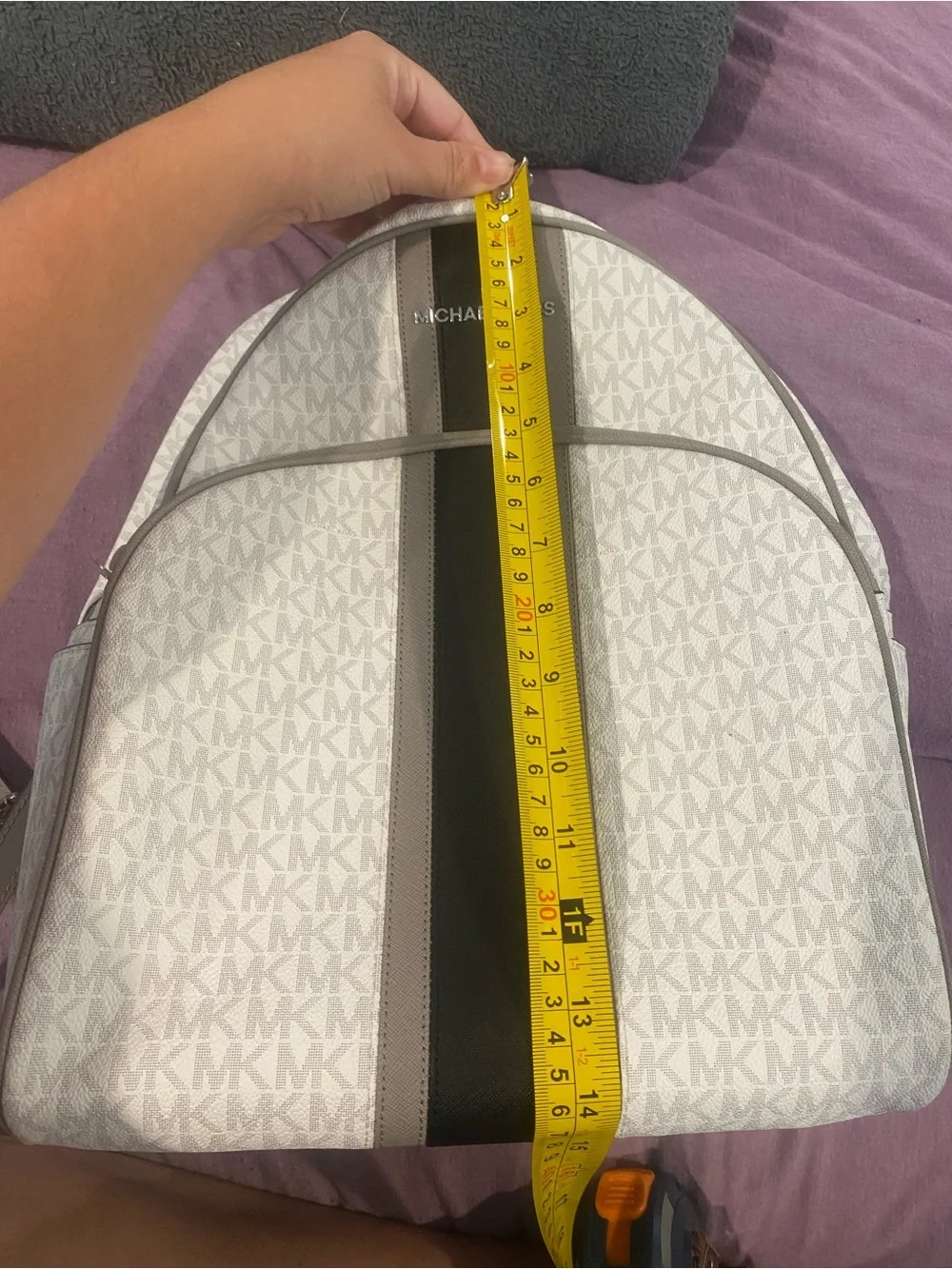 Michael Kors White Monogram Backpack with Black Center Stripe